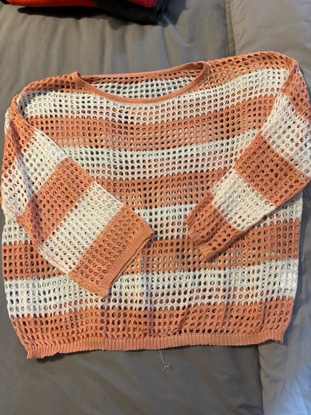 SHEIN Peach & White Open-Knit Striped Crew Sweater
